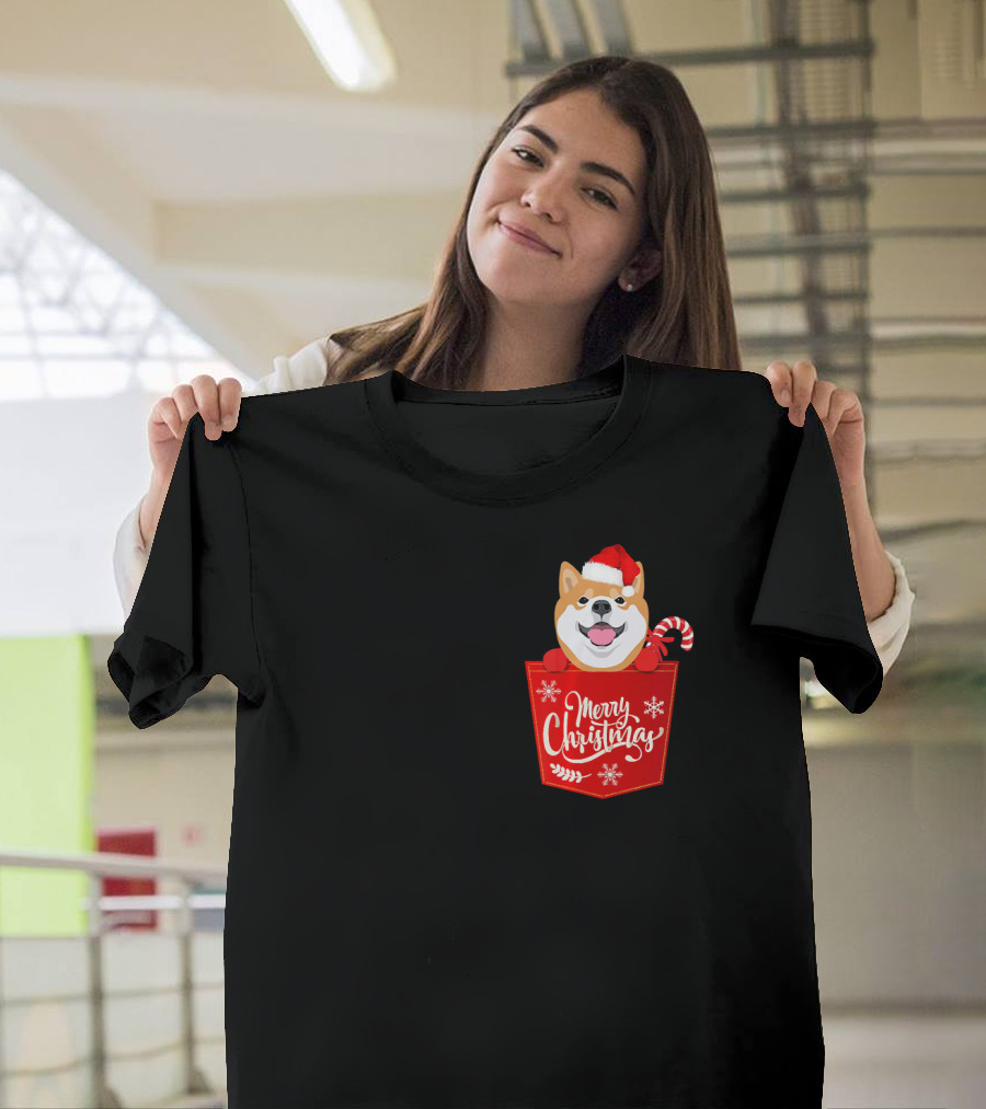 Akita Dog in Santa Hat Merry Christmas Pocket with Candy Cane T-Shirt