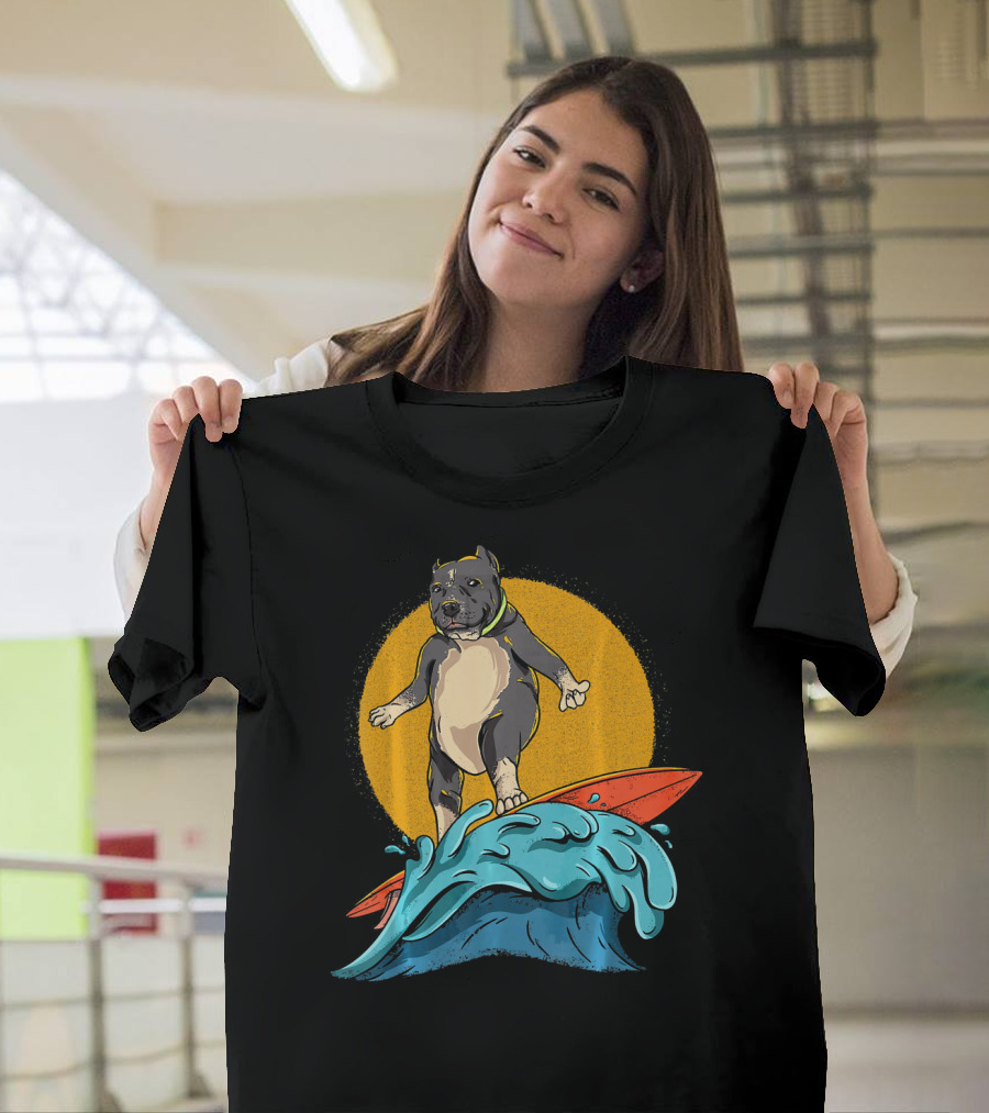 Surfing Pitbull Funny Hawaiian Pit Bul Sunset Wave T-Shirt