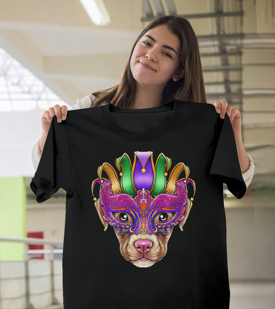 Pitbull Dog Mardi Gras Mask Jester Colorful Festive T-Shirt