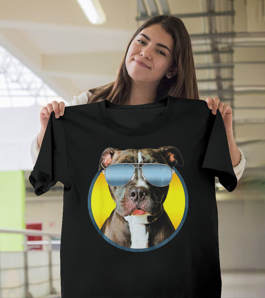 Pitbull With Shades On Yellow Background Funny Pit Bull T-Shirt