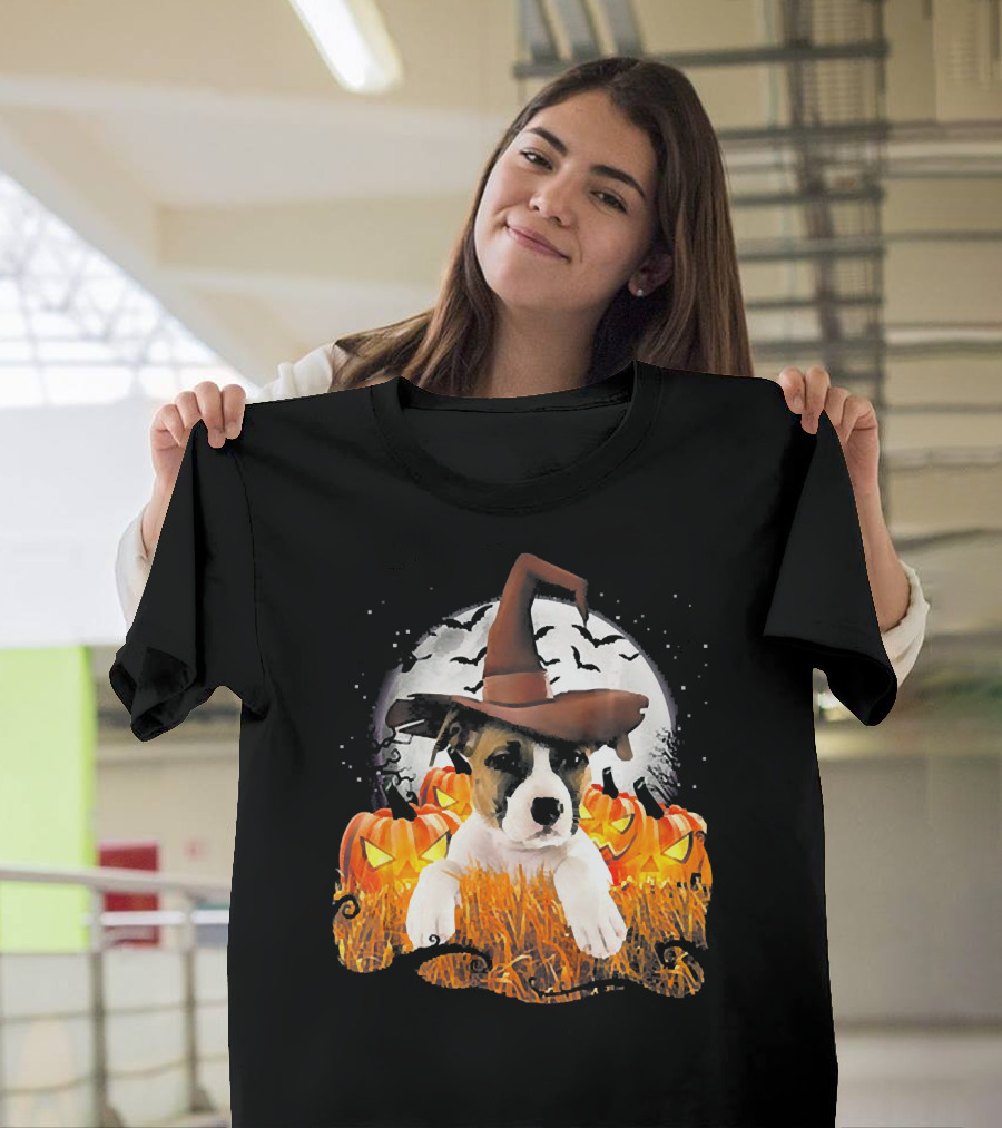 Pit Bull Halloween Cute Dog Witch with Pumpkins and Full Moon T-Shirt