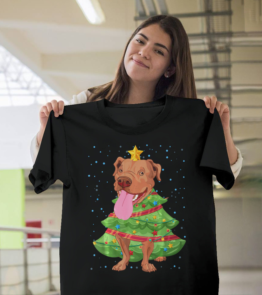 Pit Bull Dog Dressed as Christmas Tree with Star and Ornaments T-Shirt