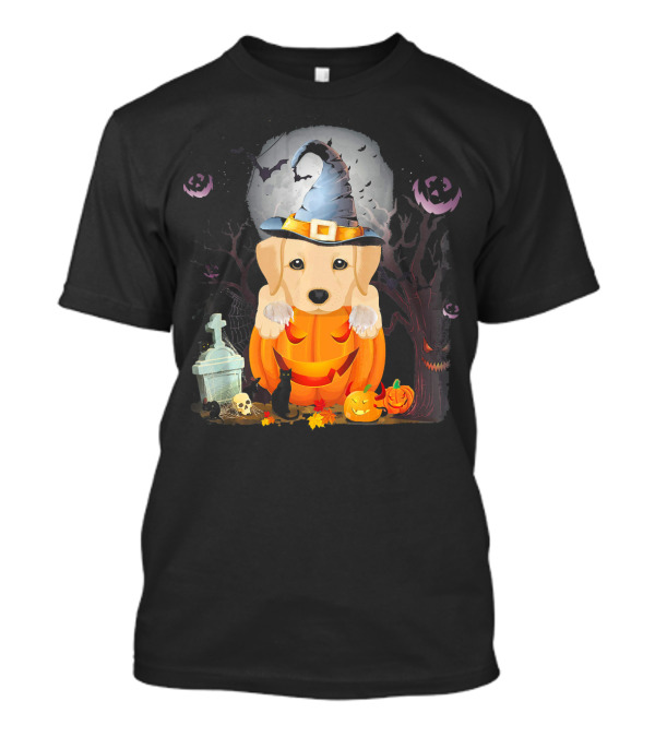 Labrador Retriever Dog In Pumpkin With Witch Hat Halloween Scene T-Shirt