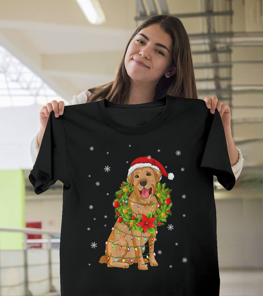 Santa Labrador Retriever Wrapped in Christmas Lights and Wreath T-Shirt