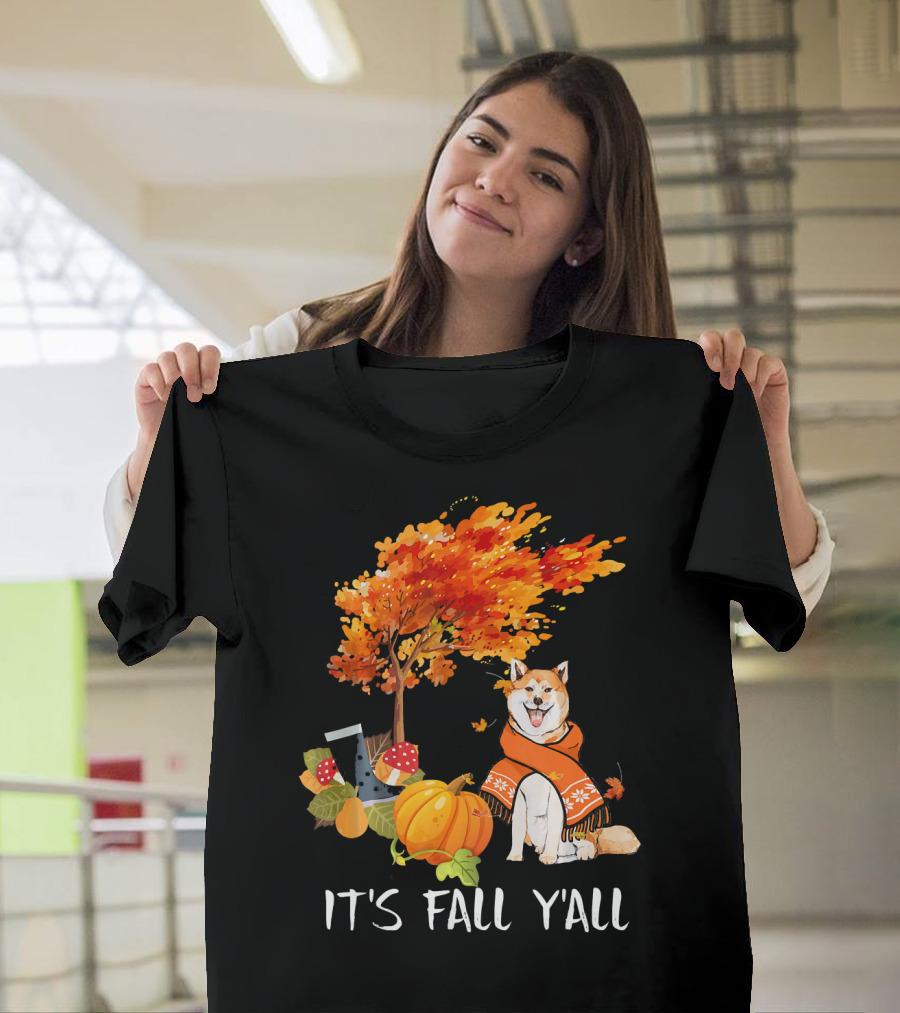 It's Fall Y'all Akita Inu Dog Autumn Pumpkin Leaves Cozy Scene T-Shirt