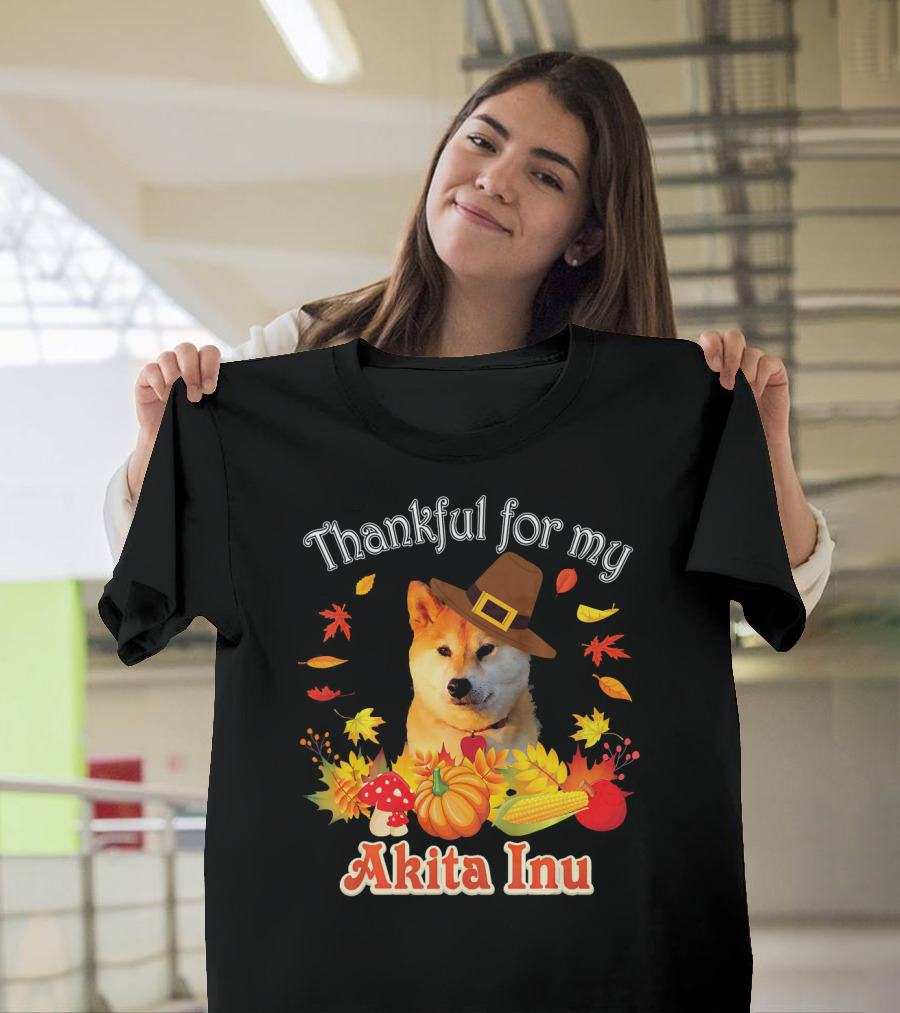 Thankful for My Akita Inu with Fall Harvest and Autumn Leaves T-Shirt