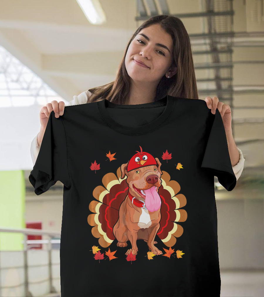 Turkey Pit Bull Funny Lover Thanksgiving Dog Hat Autumn Leaves T-Shirt
