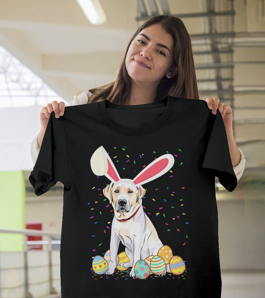 Labrador Dog with Bunny Ears Sitting Among Colorful Easter Eggs T-Shirt