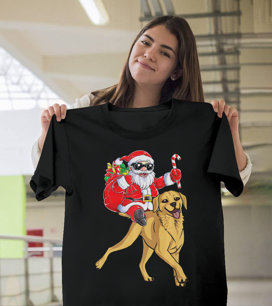 Santa Claus Riding Labrador Retriever with Candy Cane and Gift Sack T-Shirt
