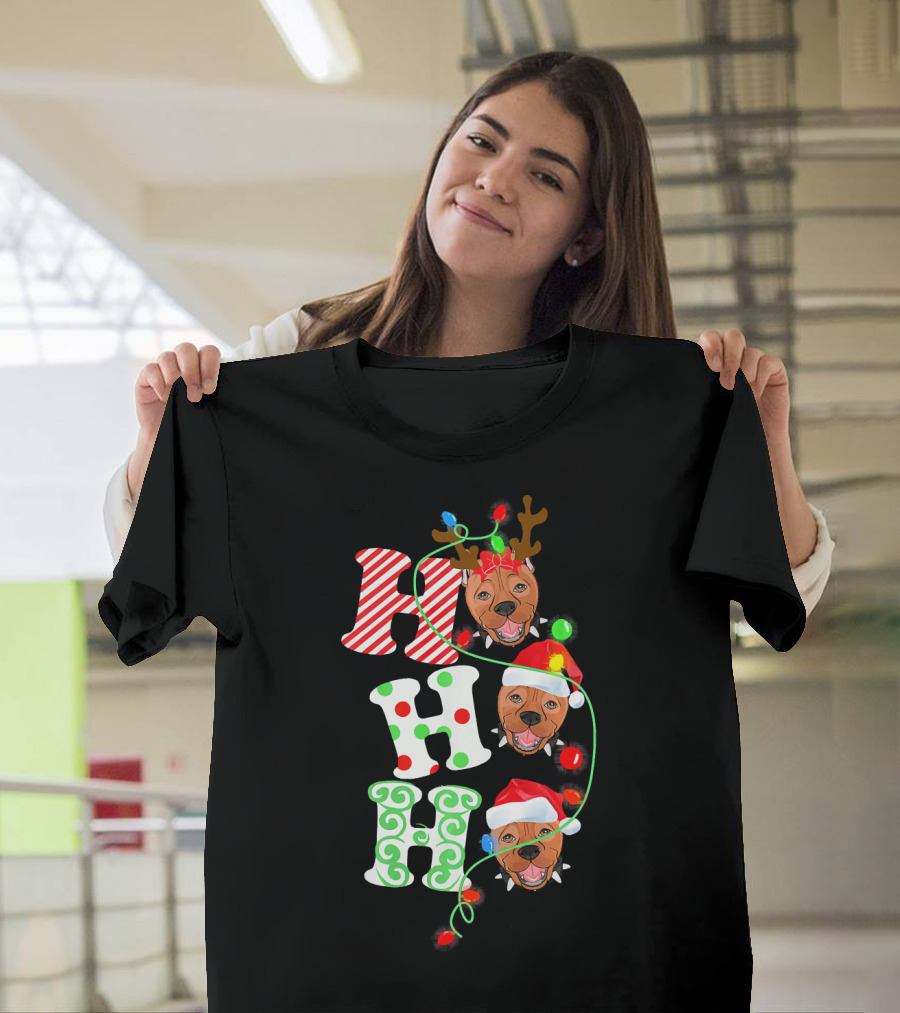 Hohoho Pit Bull Christmas Santa and Reindeer Lights T-Shirt