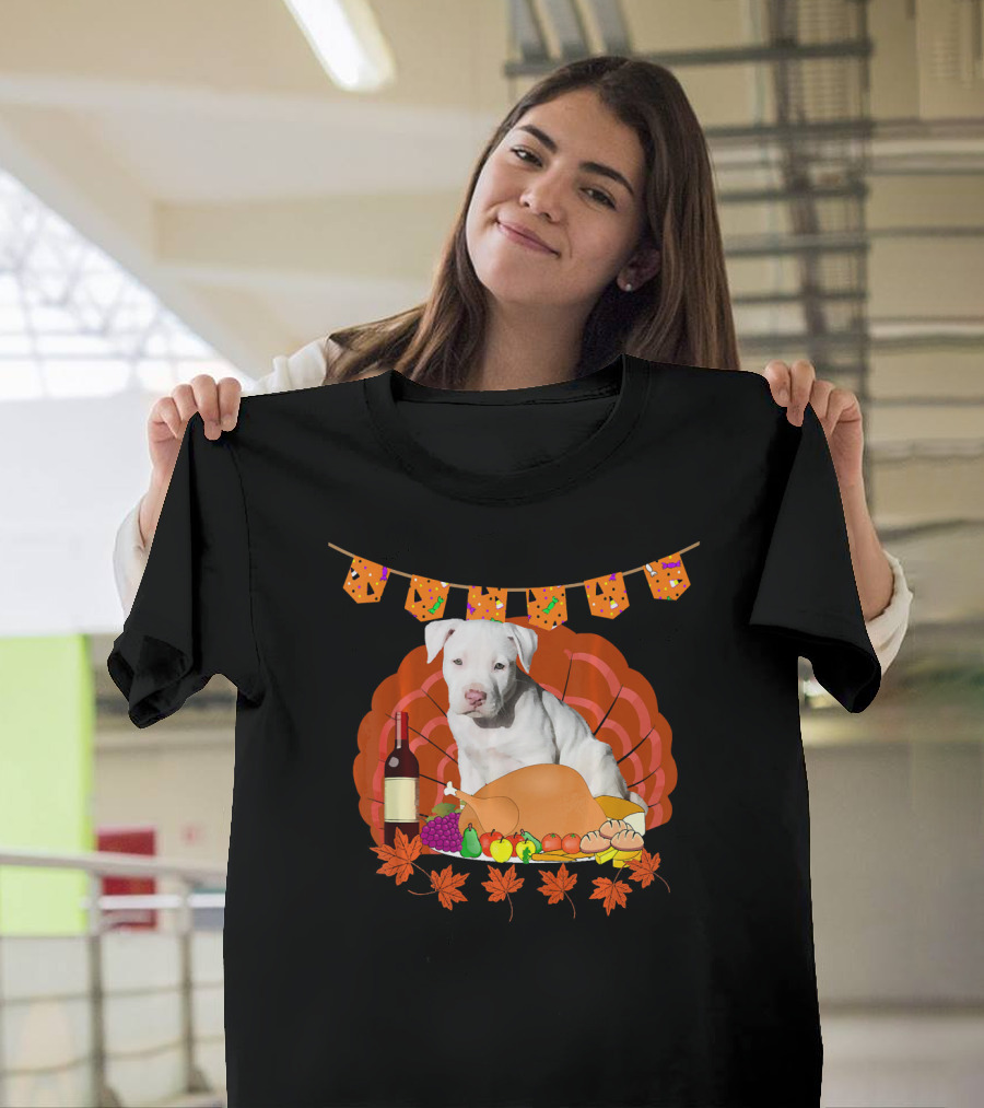 Thanksgiving Pit Bull Puppy Feast Turkey Decor Pumpkin Leaves T-Shirt