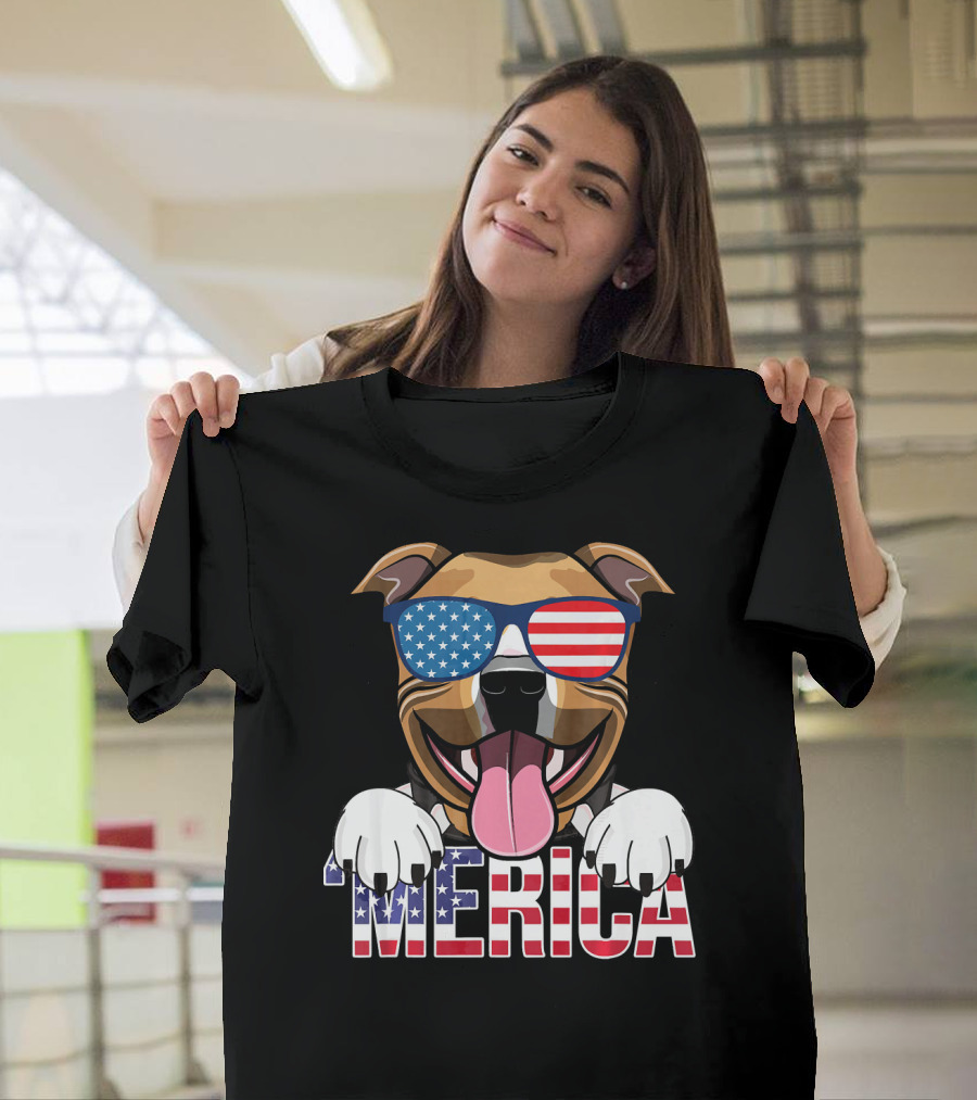 'Merica Pit Bull Sunglasses American Pitbull Patriotic USA Flag T-Shirt