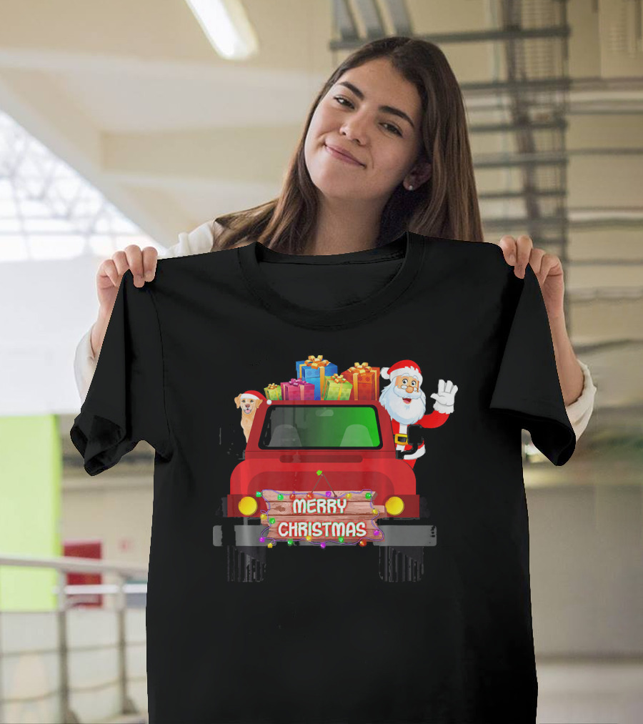 Merry Christmas Funny Golden Retriever Santa Claus in Red Truck with Presents T-Shirt