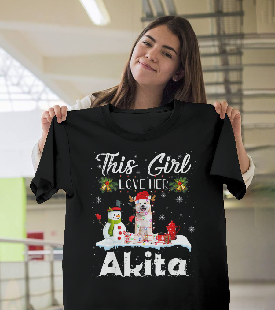 This Girl Love Her Akita Christmas Santa Hat Snowman Lights T-Shirt