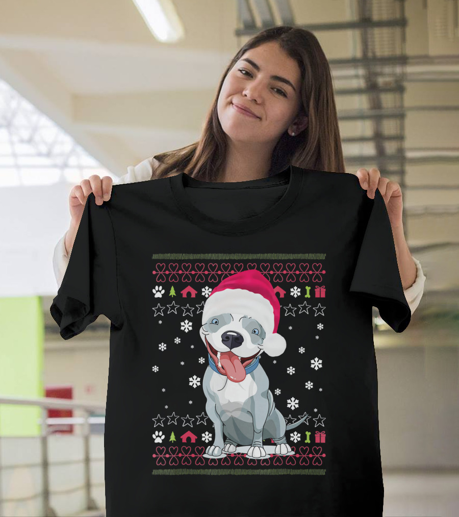 UglyXmas Pit Bull Santa Hat Snowflakes Paw Prints Stars Holiday T-Shirt