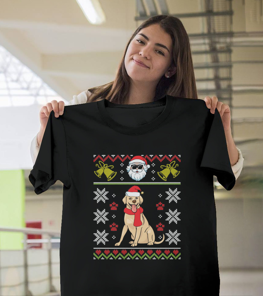 Labrador Retriever Christmas Sweater Design with Santa Hat and Holiday T-Shirt
