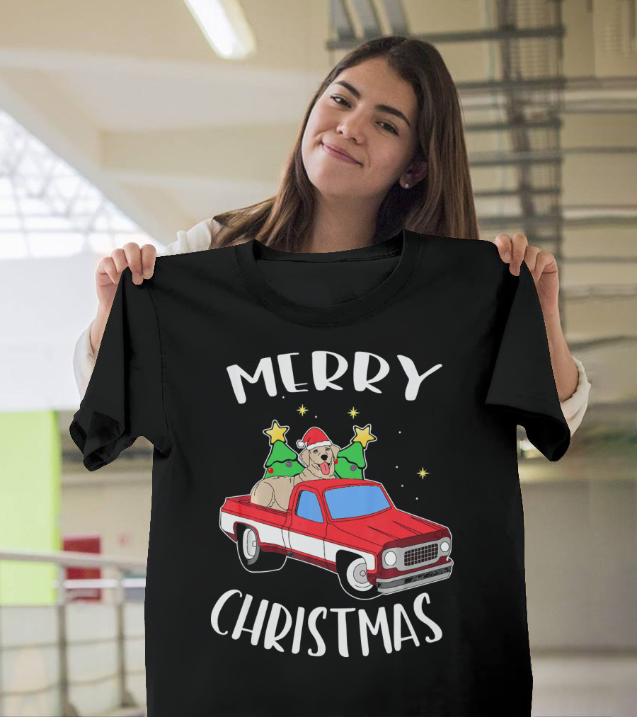 Merry Christmas Labrador Retriever in Santa Hat with Christmas Trees in Red Truck T-Shirt