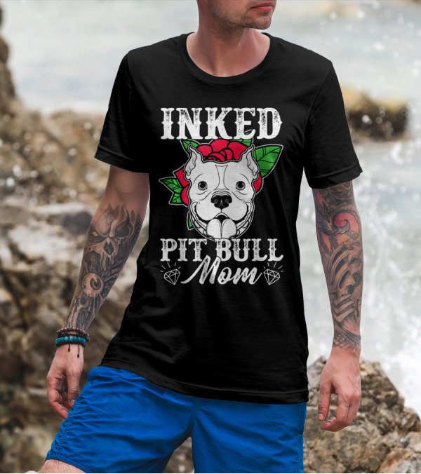 Inked Pit Bull Mom Tattoo With Rose And Diamonds T-Shirt