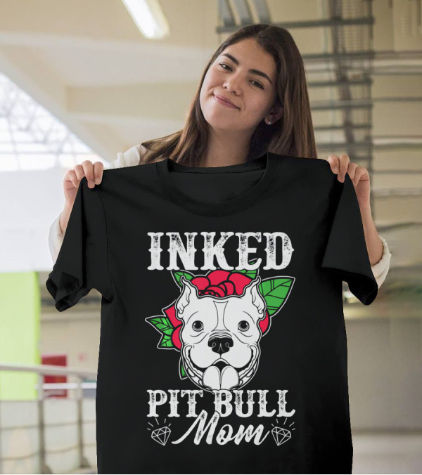 Inked Pit Bull Mom Tattoo With Rose And Diamonds T-Shirt