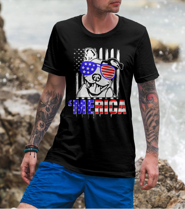 Merica Pitbull With Patriotic American Flag Sunglasses T-Shirt