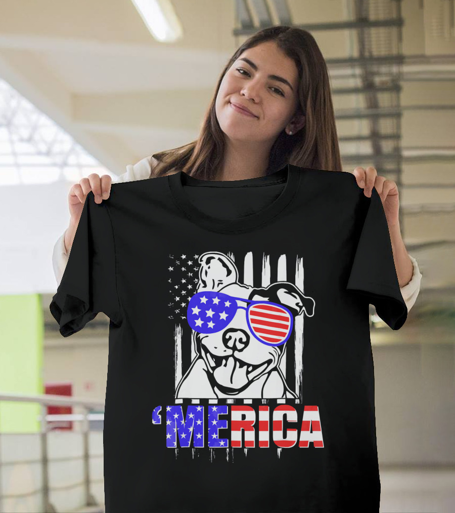Merica Pitbull with Patriotic American Flag Sunglasses T-Shirt