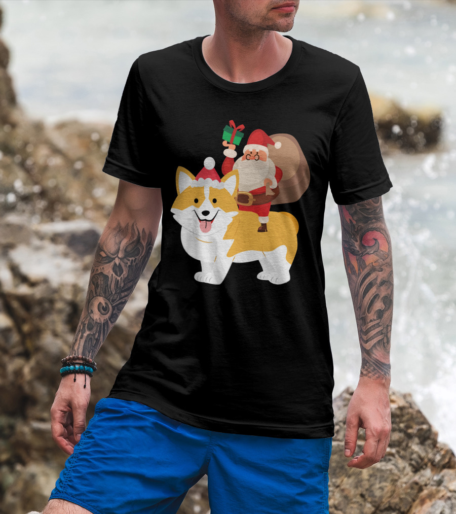 Santa Riding Akita Inu With Sack And Present T-Shirt