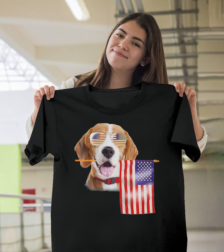 American Flag Beagle in Sunglasses for 4th of July Celebrations T-Shirt