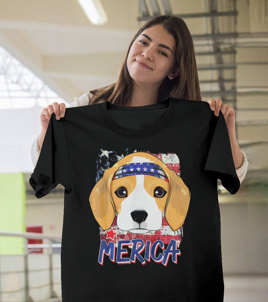 Merica Beagle Dog American Flag Bandana T-Shirt