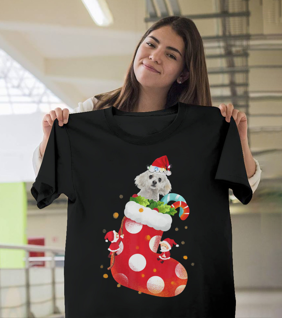 Christmas Poodle in Santa Hat with Red Stocking and Candy Cane T-Shirt