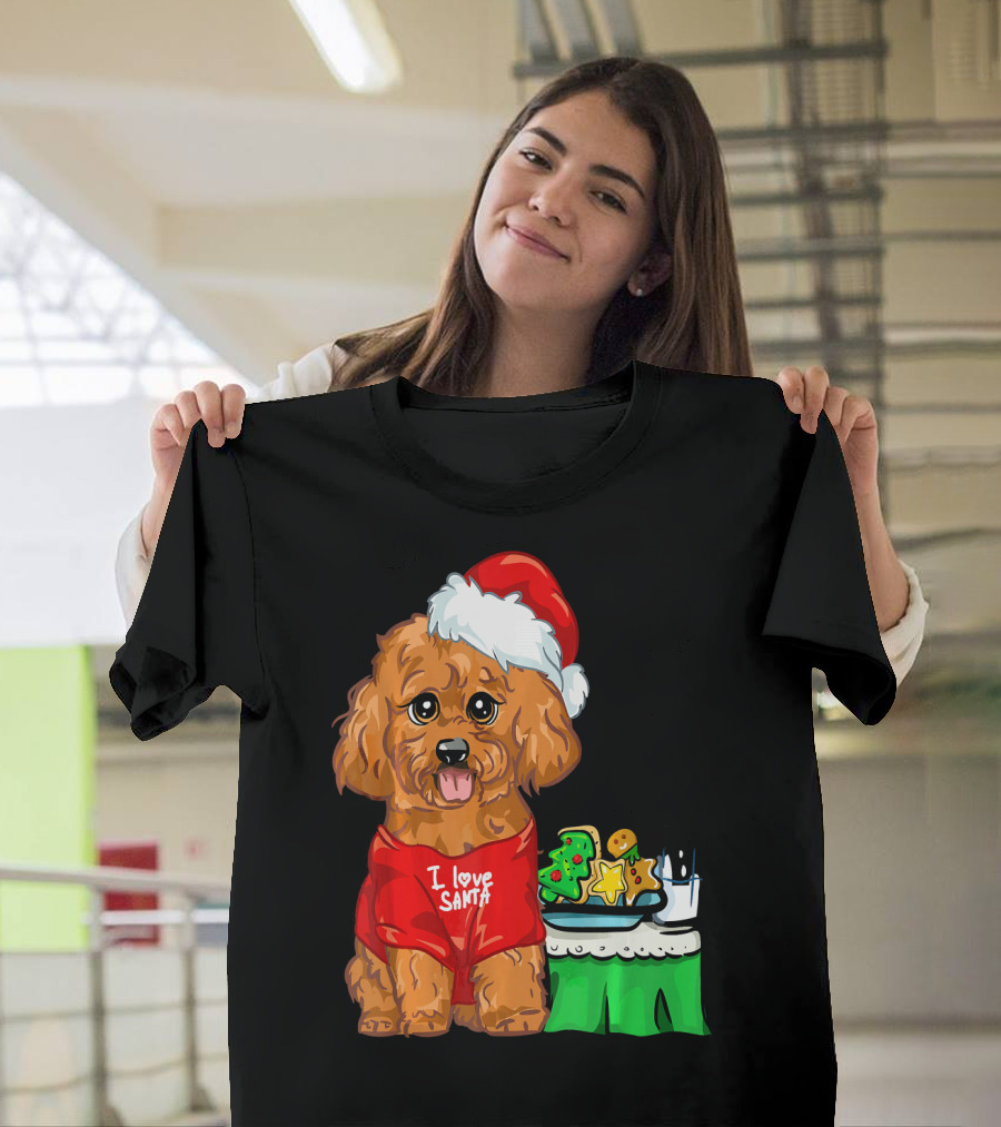 Cute Poodle Pup I Love Santa with Christmas Cookies T-Shirt