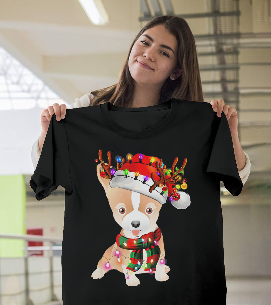 Beagle Chihuahua Christmas Reindeer Lights Antlers Santa Hat Scarf T-Shirt