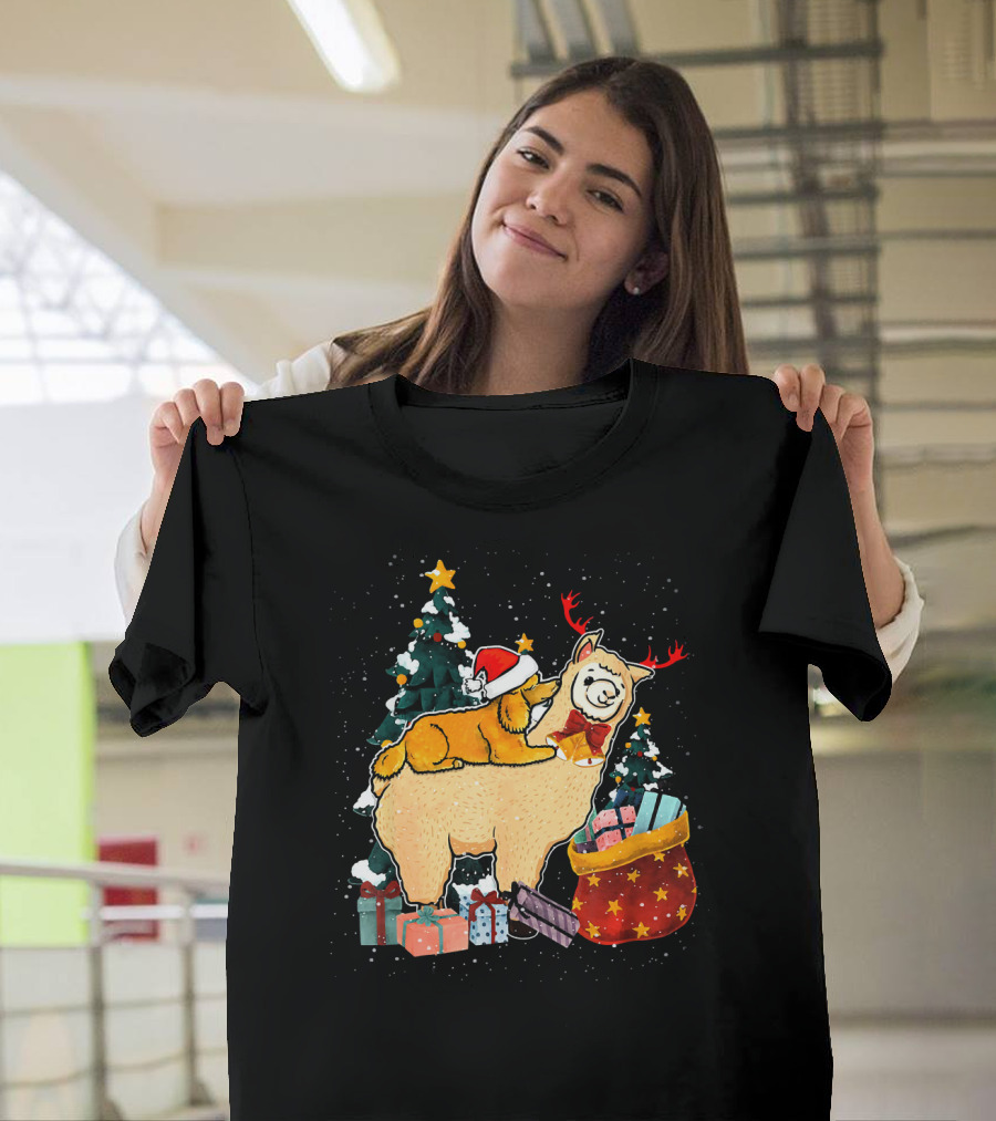Christmas Santa Poodle Riding Llama with Gifts and Christmas Trees T-Shirt