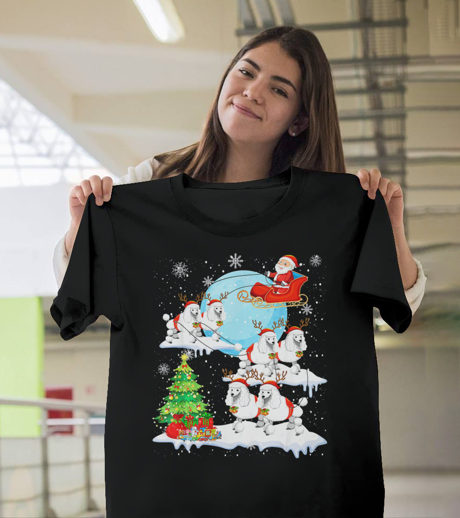 Santa Sleigh with Reindeer Poodles and Christmas Tree T-Shirt