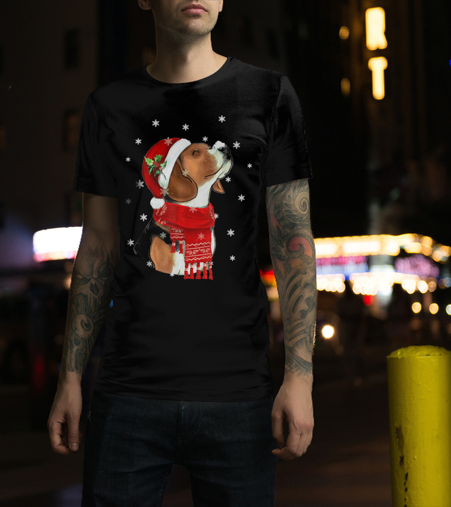 Beagle Dog Santa Hat Christmas Snowflakes Holiday Lover T-Shirt