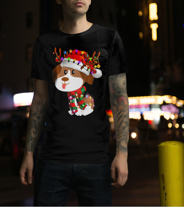 Beagle Puppy Christmas Reindeer With Santa Hat And Colorful Lights T-Shirt