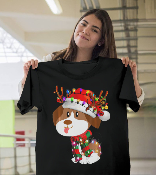 Beagle Puppy Christmas Reindeer With Santa Hat And Colorful Lights T-Shirt
