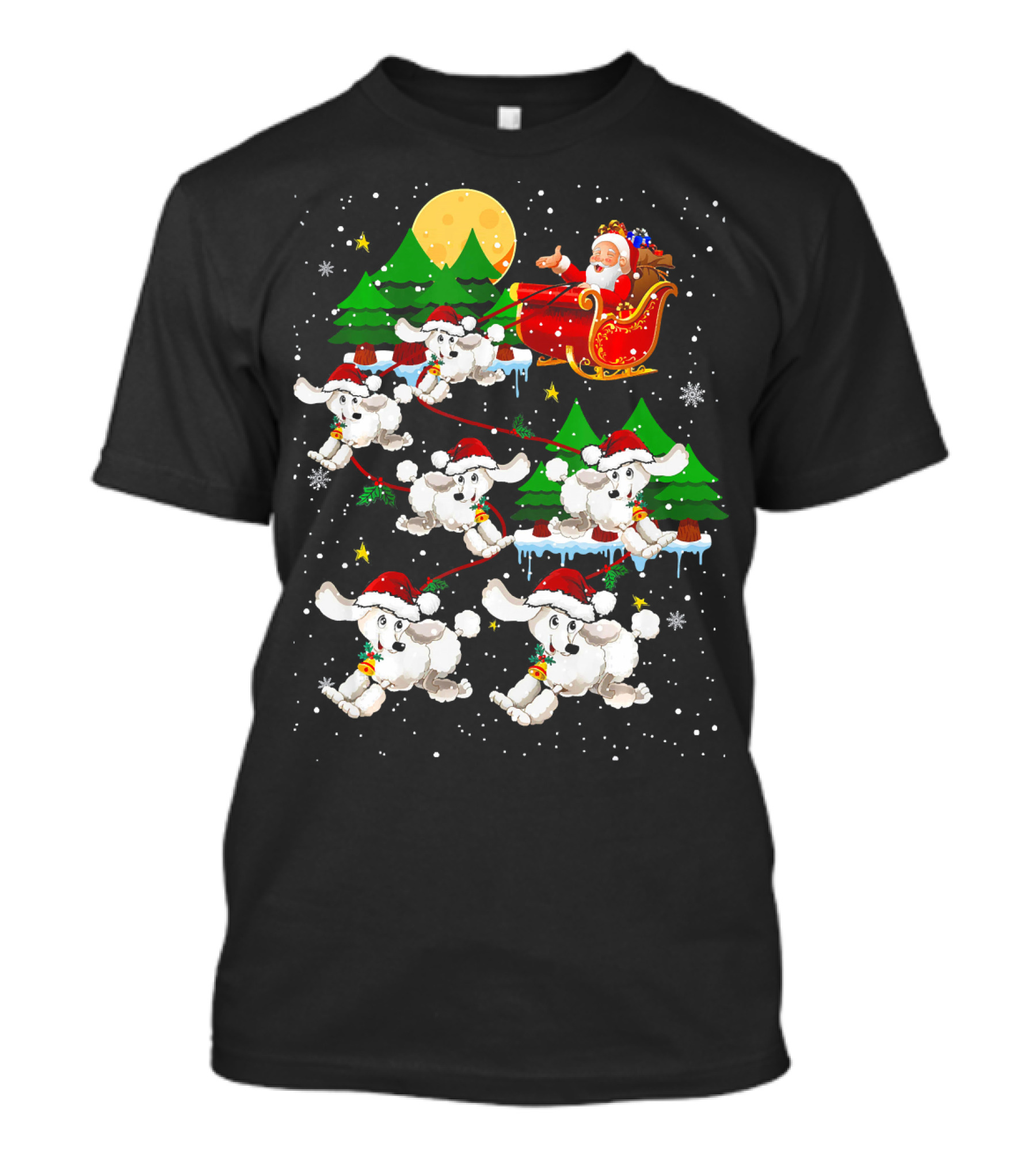 Santa's Sleigh Pulled By Cute Reindeer Poodles In Winter Wonderland T-Shirt