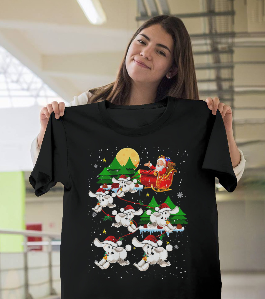 Santa's Sleigh Pulled By Cute Reindeer Poodles In Winter Wonderland T-Shirt