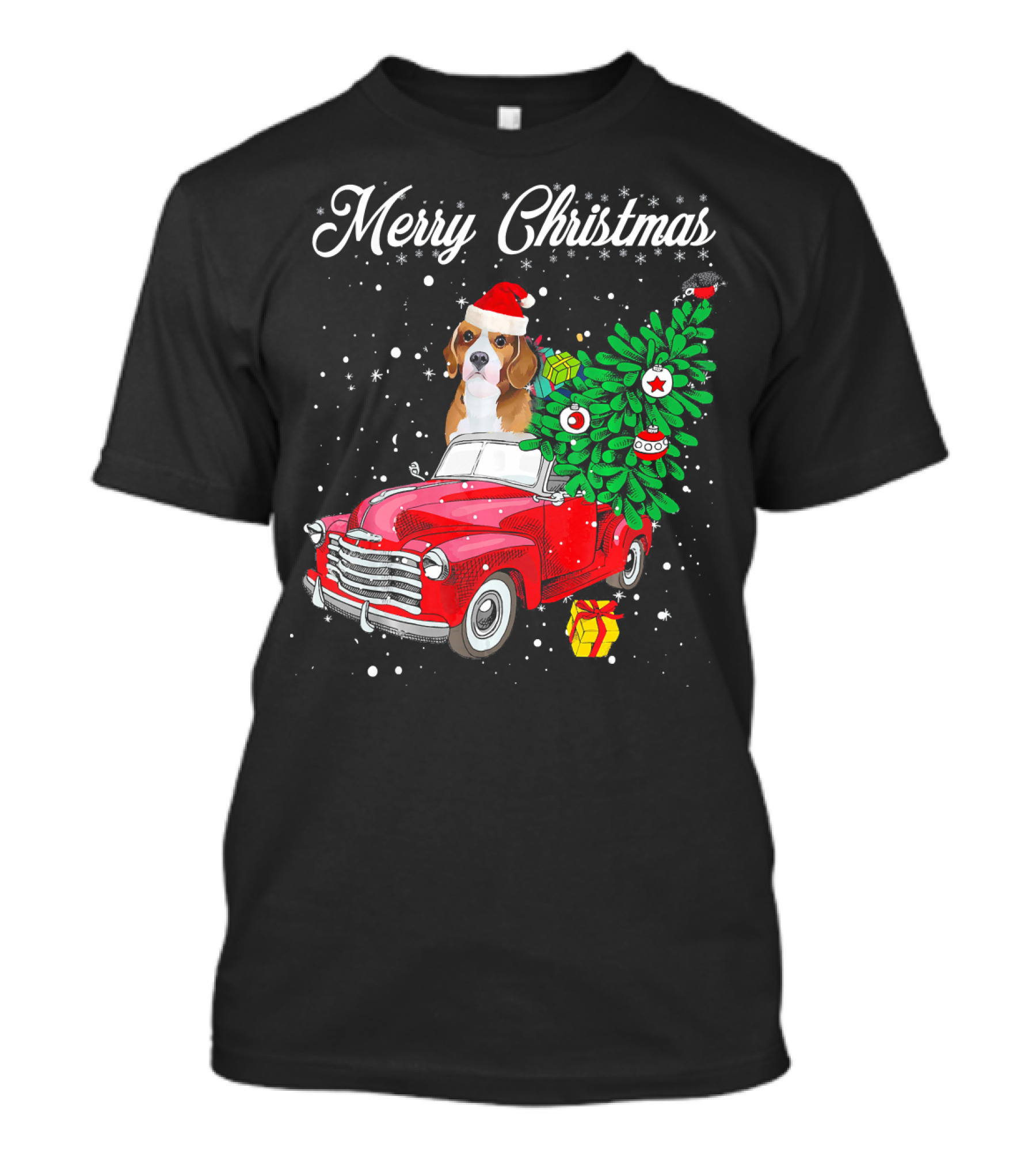 Merry Christmas Beagle Santa Hat Red Truck With Christmas Tree And Gifts T-Shirt