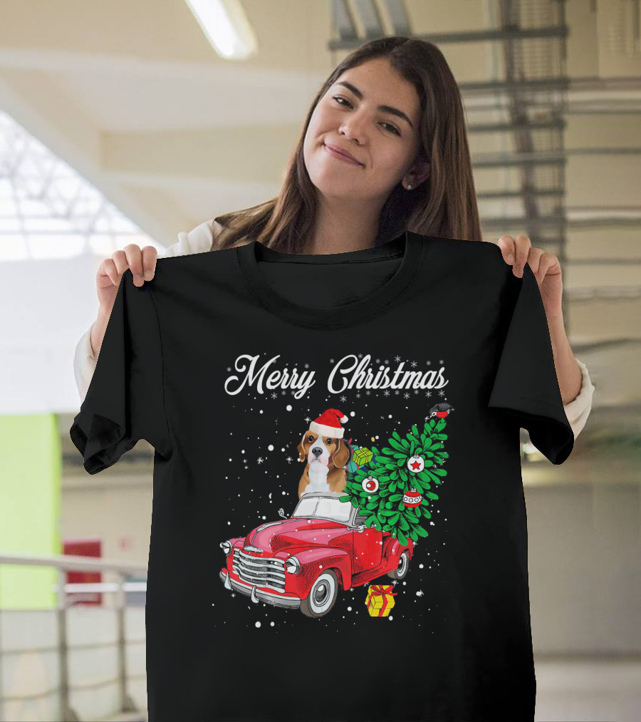 Merry Christmas Beagle Santa Hat Red Truck With Christmas Tree And Gifts T-Shirt