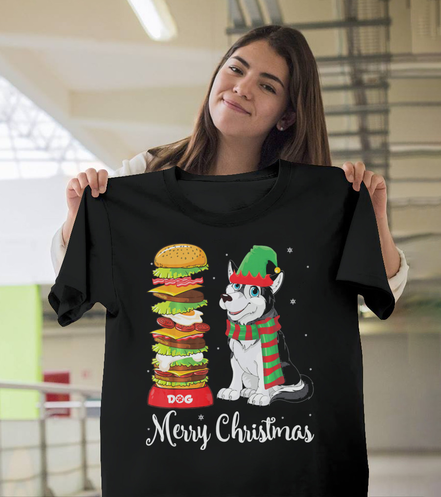 Merry Christmas Alaskan Husky in ELF Costume with Stacked Hot Dog Burgers T-Shirt