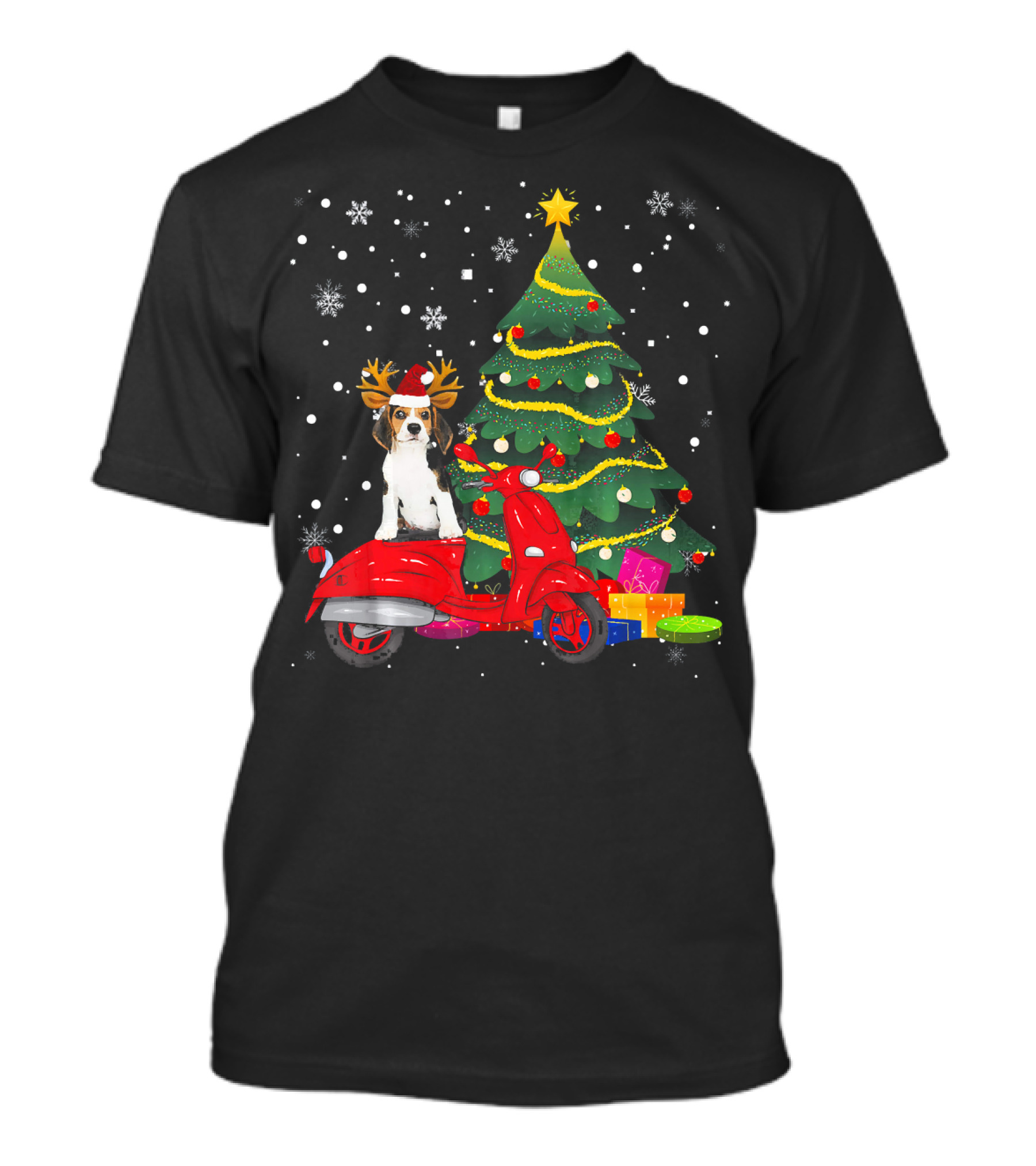 Christmas Tree Outfit Xmas Beagle Reindeer On Scooter With Presents And Snowflakes T-Shirt
