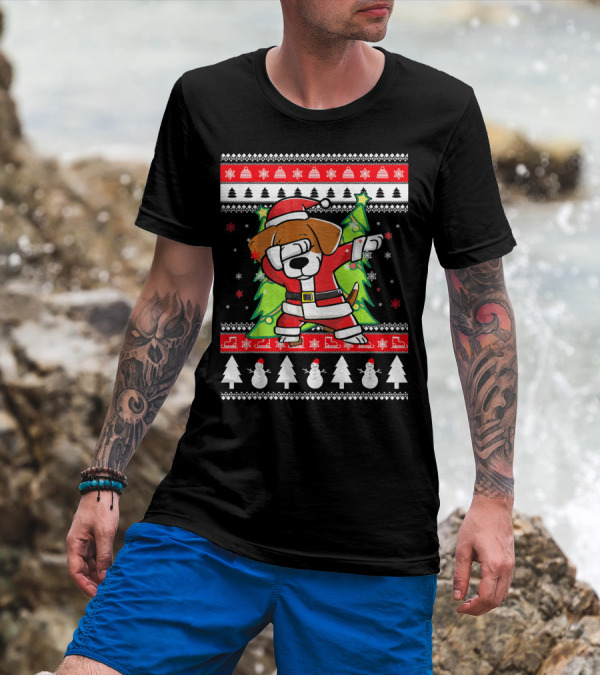 Dabbing Beagle Santa Ugly Christmas T-Shirt