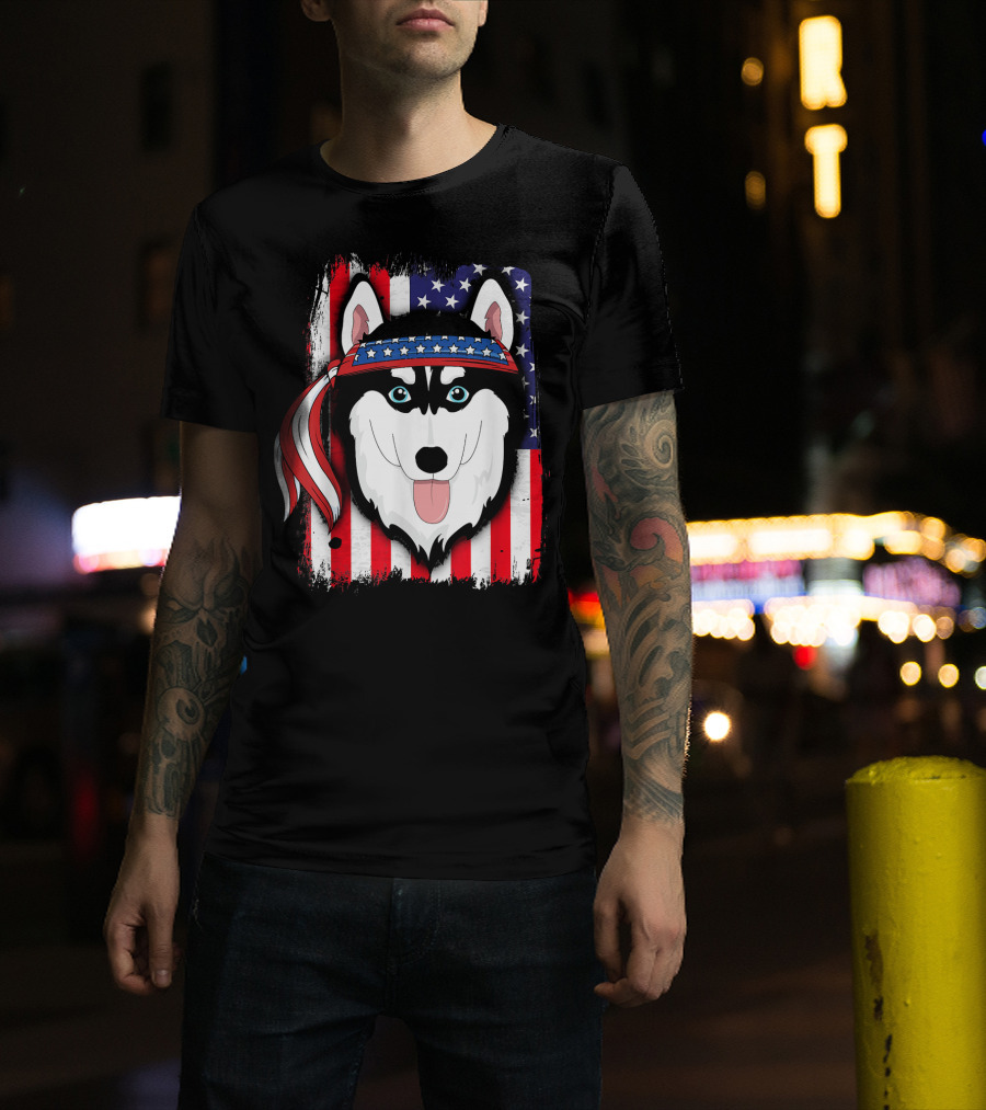 Husky With Bandana And American Flag For 4th Of July T-Shirt