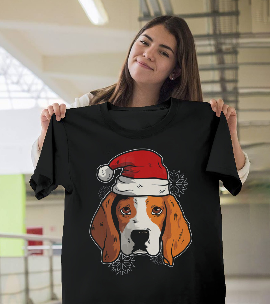 Beagle Dog with Christmas Santa Hat and Snowflakes T-Shirt