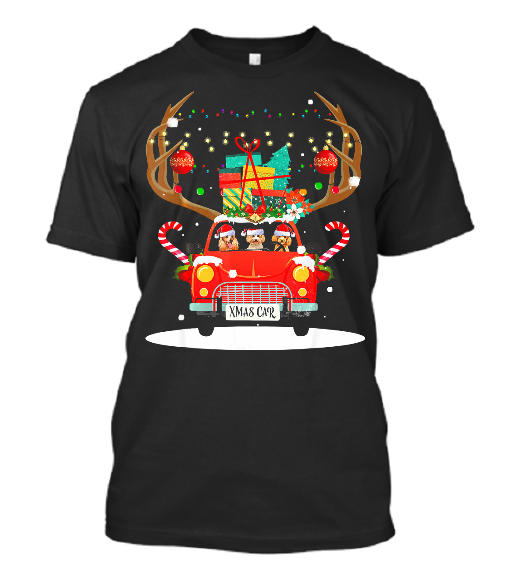 Christmas Santa Poodle Riding Xmas Car Reindeer Antlers Gifts T-Shirt