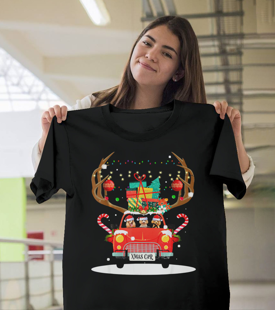 Christmas Santa Poodle Riding Xmas Car Reindeer Antlers Gifts T-Shirt