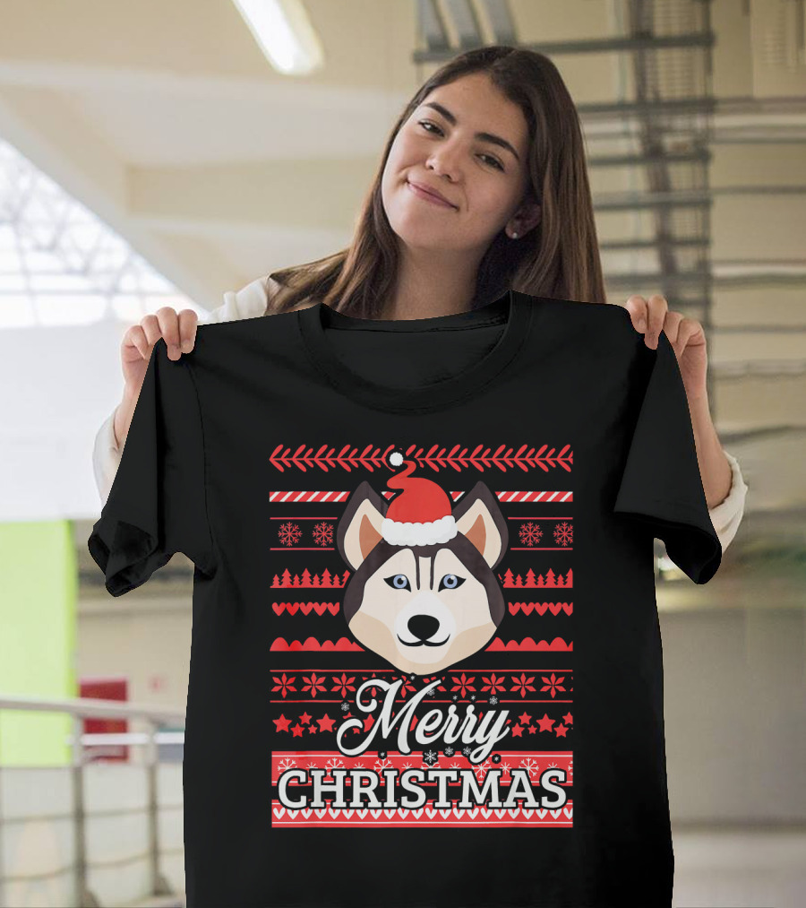 Merry Christmas Cute Husky Dog T-Shirt