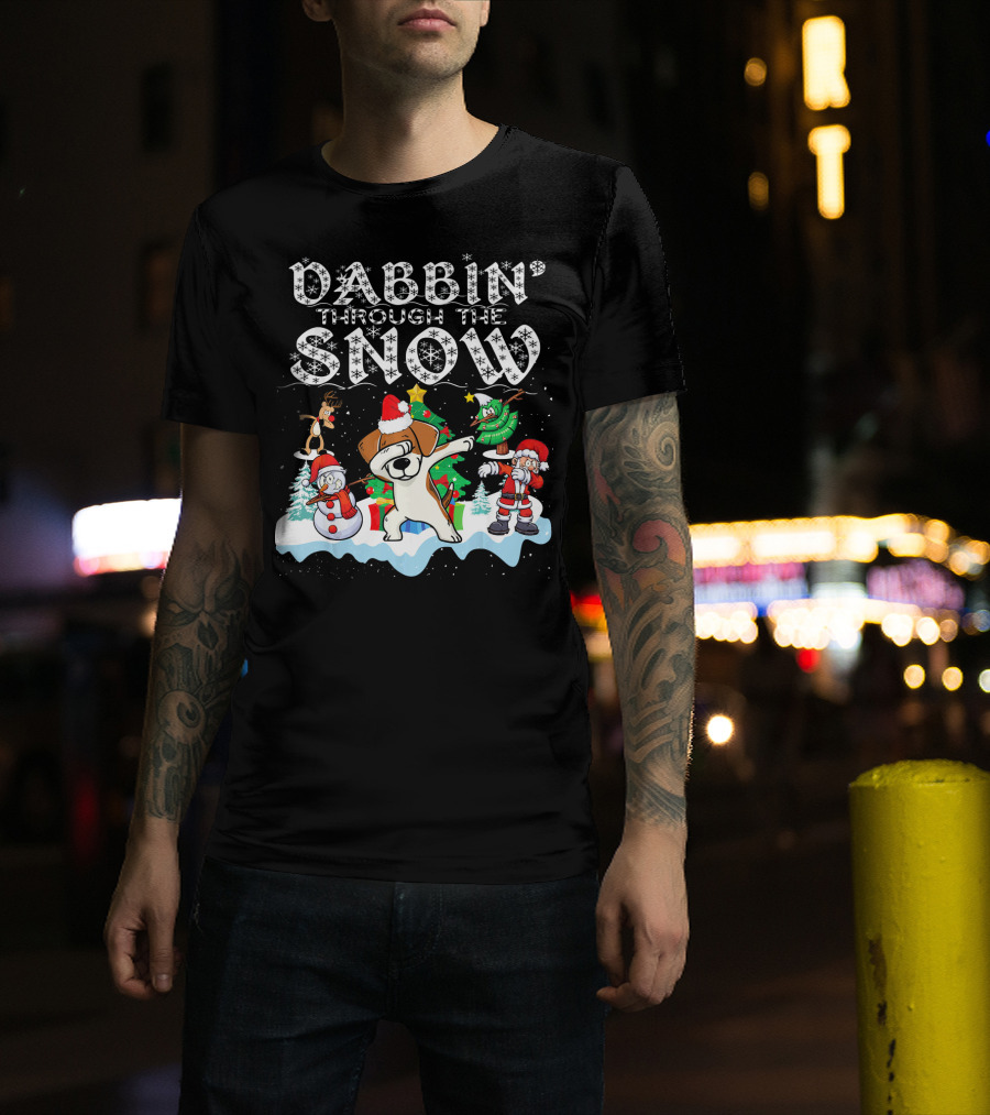 Dabbin' Through The Snow Beagle Santa Reindeer Snowman Christmas Tree T-Shirt