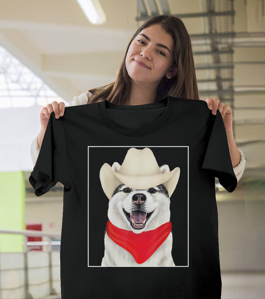Western Cowboy Husky Wearing Red Bandana T-Shirt